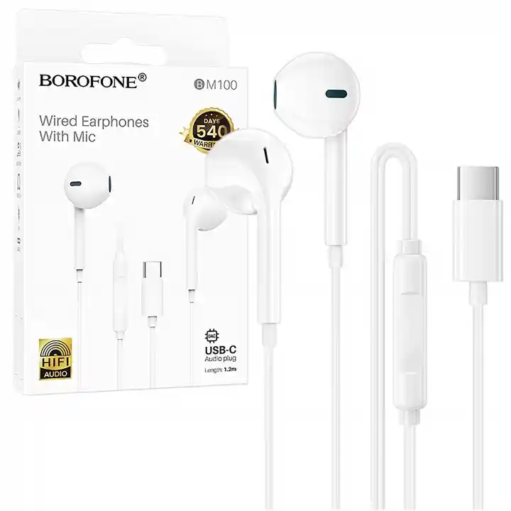 Białe słuchawki przewodowe douszne Borofone BM100 Fuente USB-C z mikrofonem i oryginalnym opakowaniem