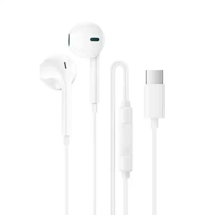 Białe słuchawki przewodowe Borofone BM100 z mikrofonem, przyciskiem sterującym i złączem USB-C