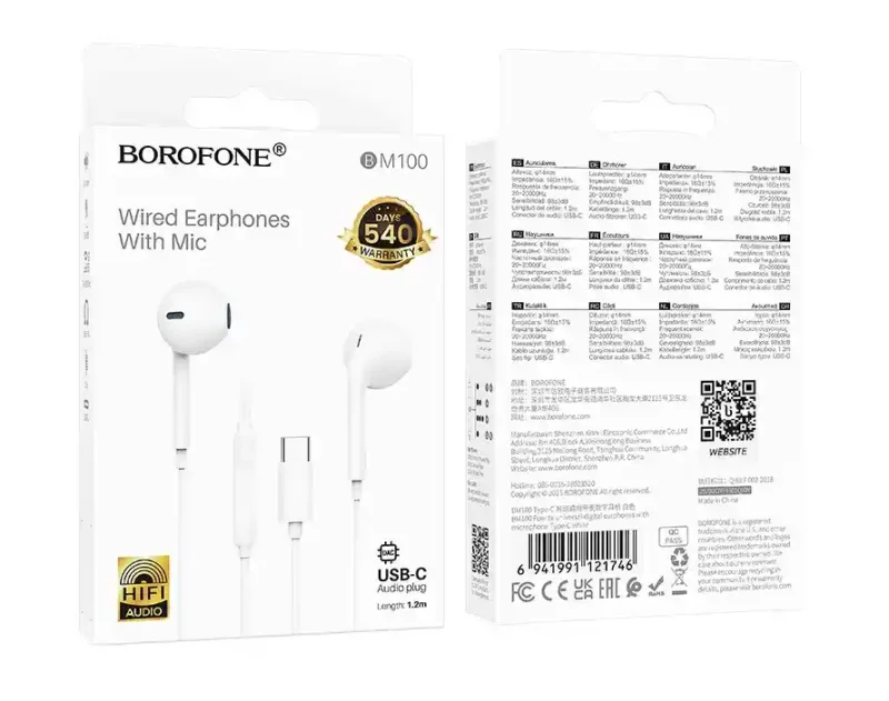 Słuchawki przewodowe Borofone BM100 Fuente USB-C w oryginalnym opakowaniu, widok przedniej i tylnej strony pudełka