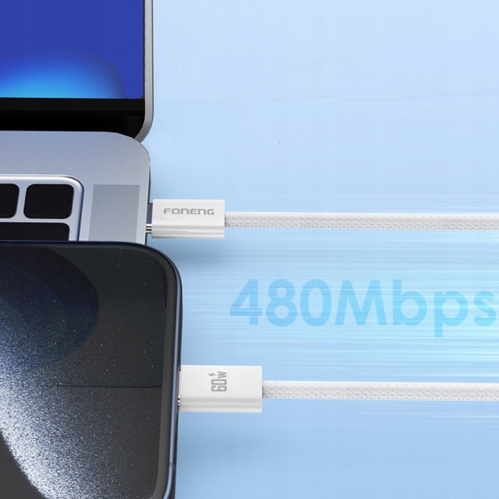 Biały kabel Foneng X110 USB-C 60 W podłączony do laptopa i telefonu, grafika przedstawiająca transmisję danych 480 Mbps