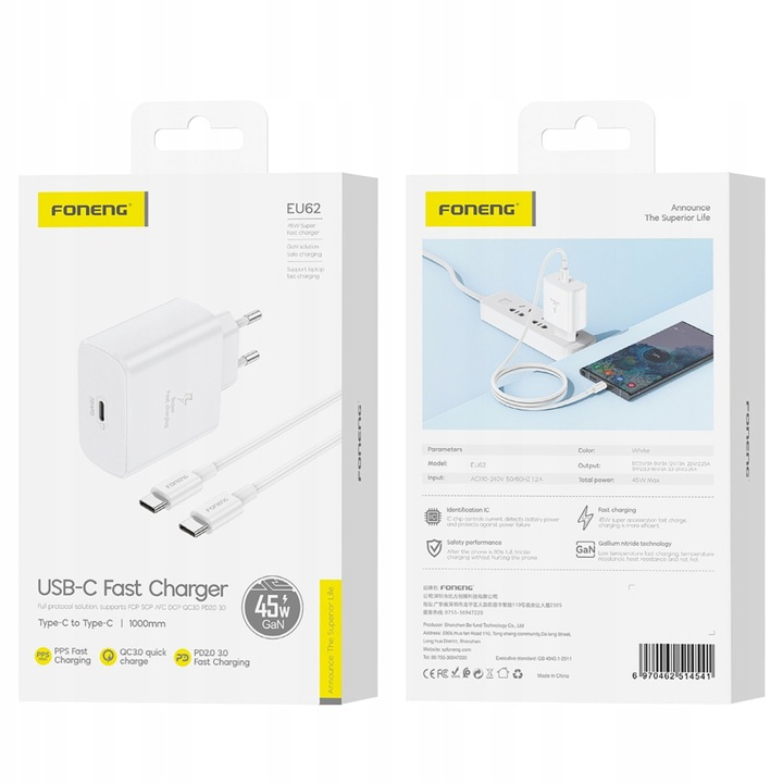 Opakowanie ładowarki Foneng EU62 USB-C 45 W GaN z kablem 1 m, widok przedniej i tylnej strony pudełka