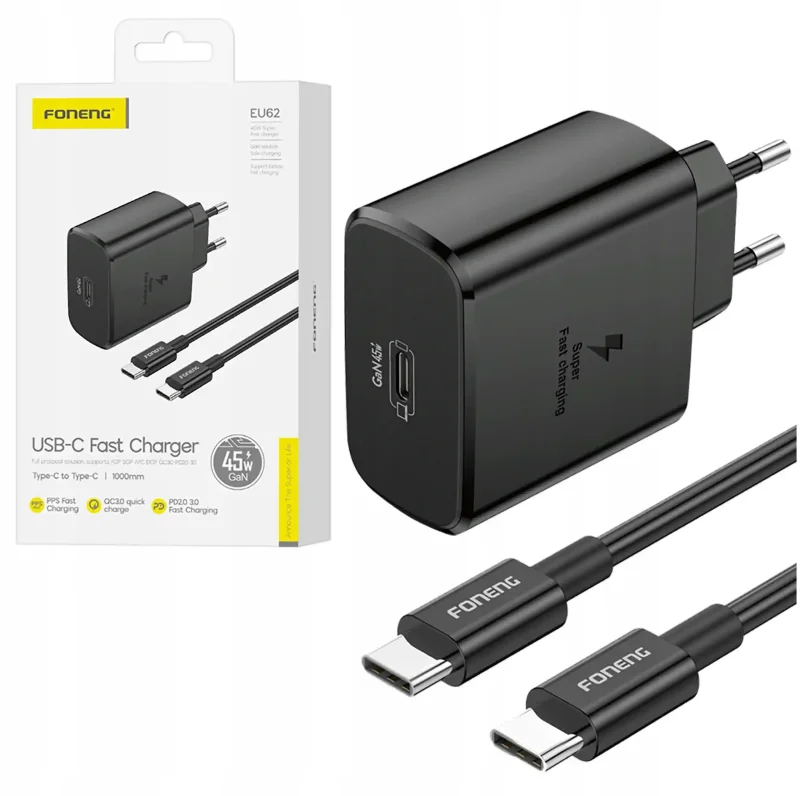 Czarna ładowarka sieciowa Foneng EU62 GaN 45 W z portem USB-C i kablem USB-C do USB-C 1 m w oryginalnym opakowaniu