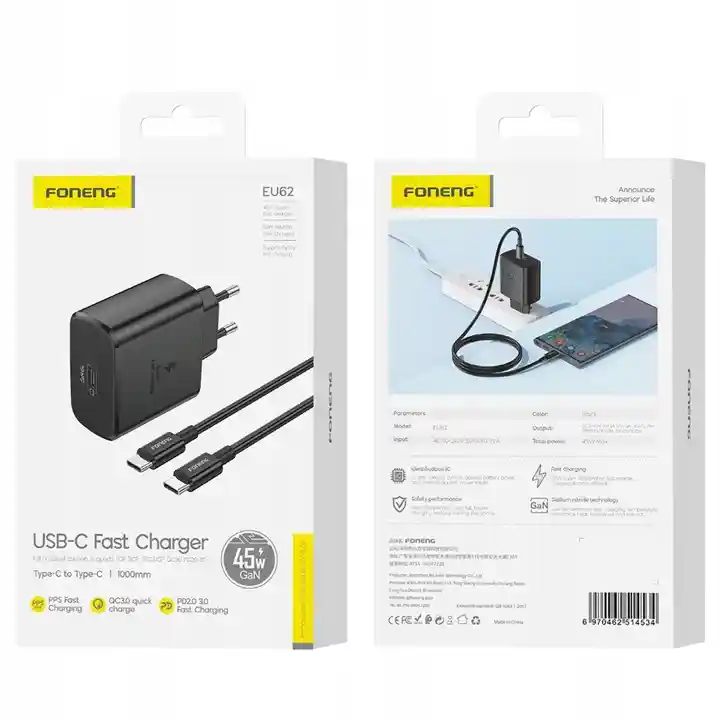 Opakowanie czarnej ładowarki Foneng EU62 USB-C 45 W GaN z kablem 1 m, widok przedniej i tylnej strony pudełka