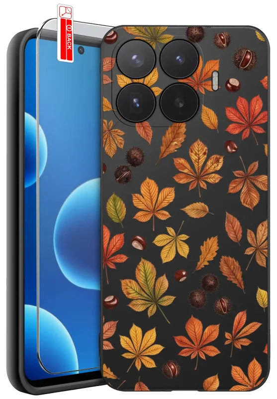 Etui jesienne do Xiaomi 17T Pro z nadrukiem kolorowych jesiennych liści i kasztanów oraz szkłem hartowanym 9H w zestawie