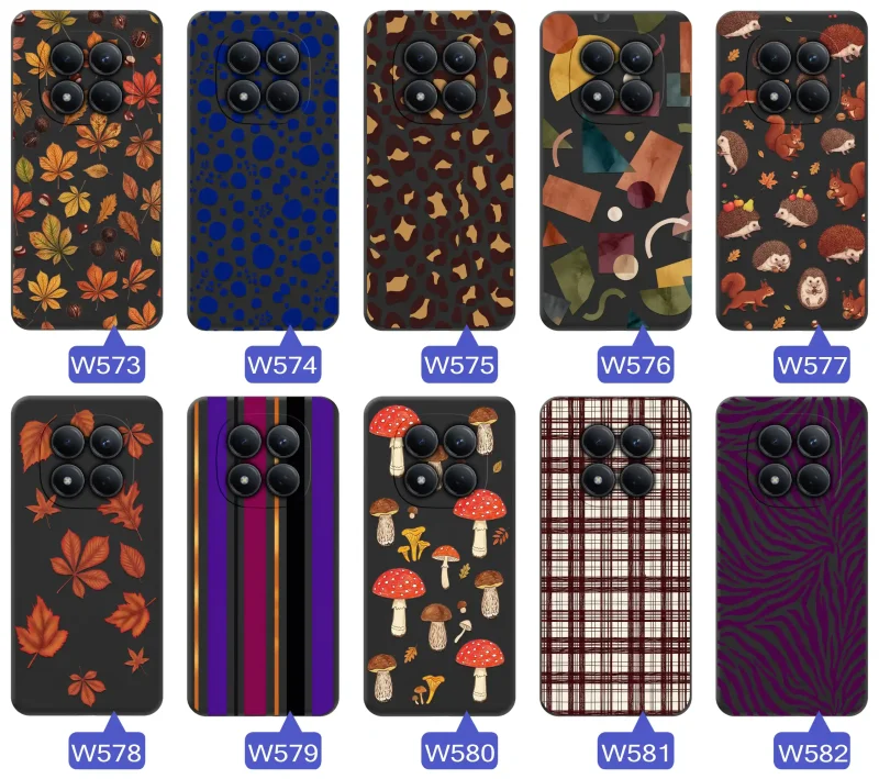 Różne etui jesienne do Xiaomi Redmi Note 15 Pro+ Plus 5G z kolorowymi nadrukami liści, grzybów, zwierząt, kraty i panterki