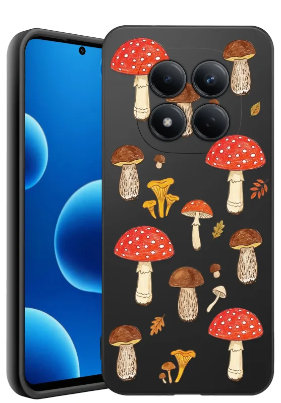 Etui jesienne do Xiaomi Redmi Note 15 4G z kolorowym nadrukiem muchomorów, borowików, kurek i jesiennych liści na czarnym tle
