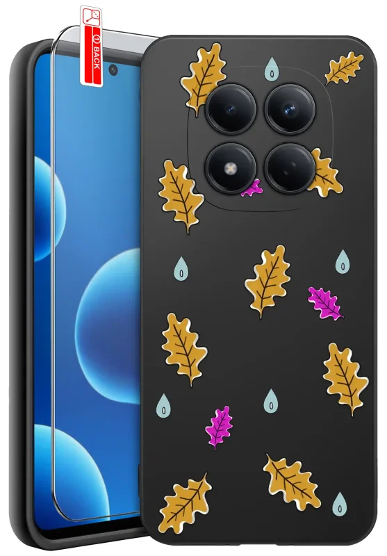 Etui jesienne do Xiaomi Redmi Note 15 Pro 5G z nadrukiem żółtych i różowych liści dębu oraz niebieskich kropli deszczu na czarnym tle, szkło hartowane 9H w zestawie