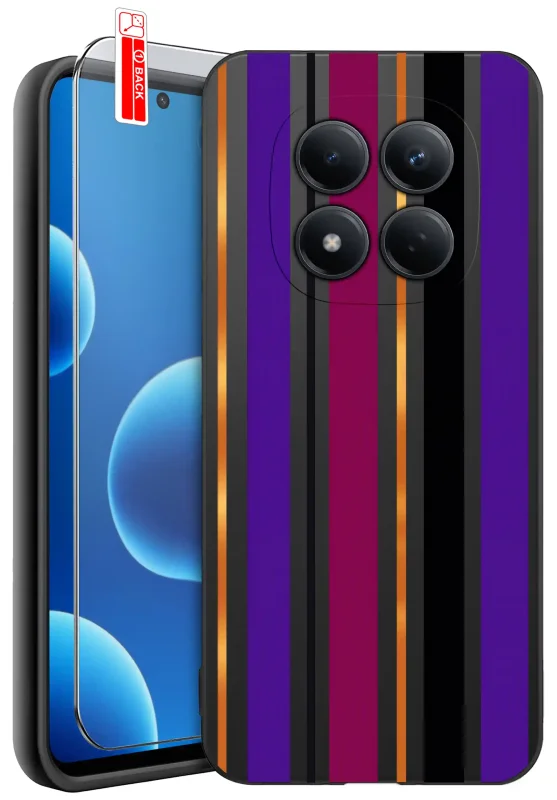 Etui jesienne do Xiaomi Redmi Note 15 Pro 4G z nadrukiem pionowych pasów w kolorach fioletowym, bordowym, czarnym i pomarańczowym oraz szkłem hartowanym 9H w zestawie