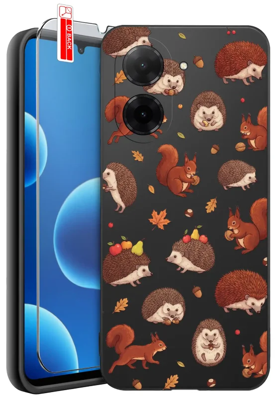 Etui jesienne do Xiaomi Redmi A5 z kolorowym nadrukiem jeży, wiewiórek, żołędzi i jesiennych liści na czarnym tle oraz szkłem hartowanym 9H w zestawie