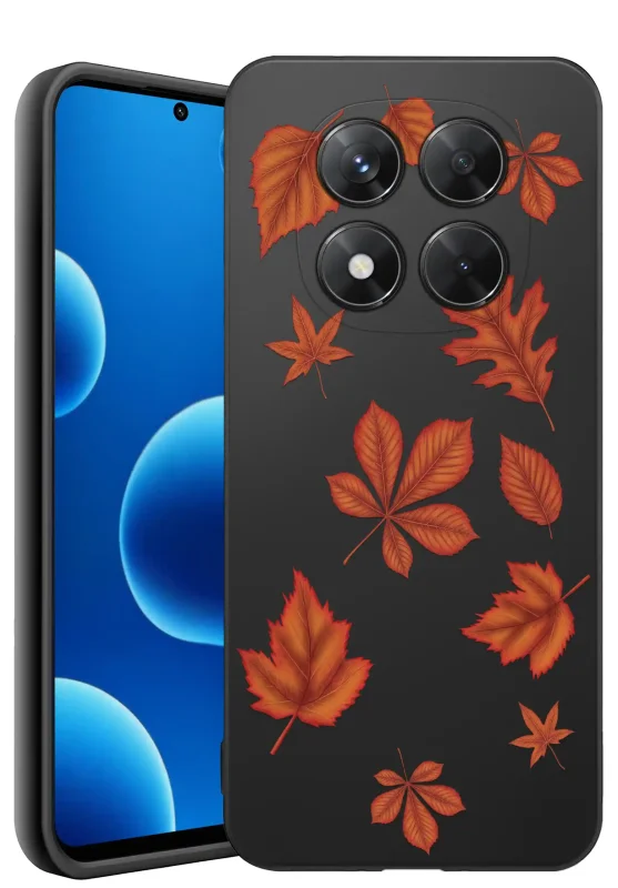 Etui jesienne do Xiaomi Redmi Note 14 Pro+ Plus 5G z nadrukiem pomarańczowych i czerwonych jesiennych liści na czarnym tle
