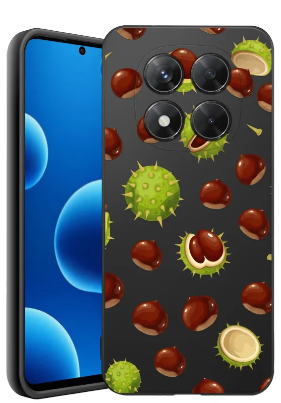 Etui jesienne do Xiaomi Redmi Note 14 Pro 5G z kolorowym nadrukiem brązowych kasztanów i zielonych kolczastych łupin na czarnym tle