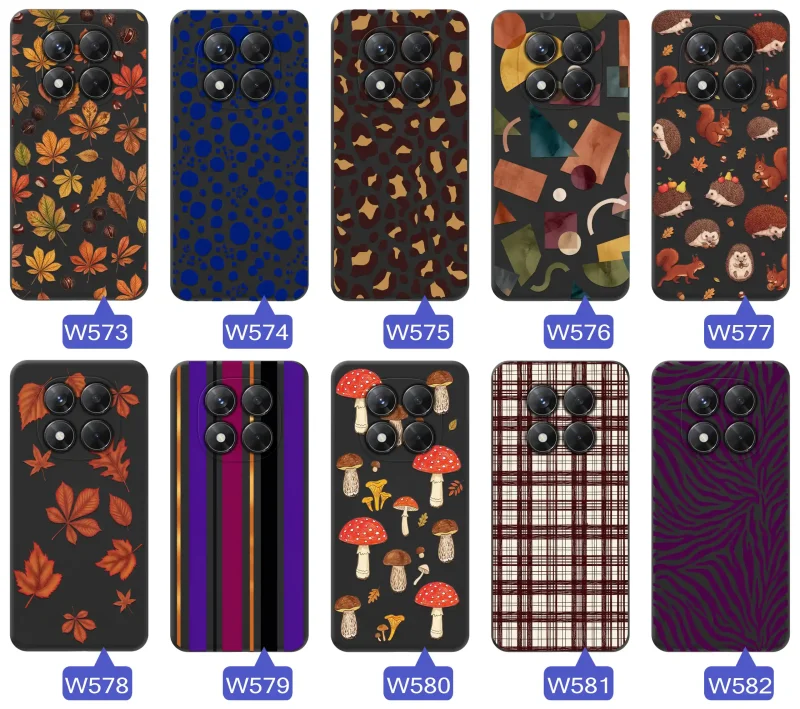 Różne etui jesienne do Xiaomi Redmi Note 14 Pro 5G z kolorowymi nadrukami liści, grzybów, zwierząt, kraty i panterki