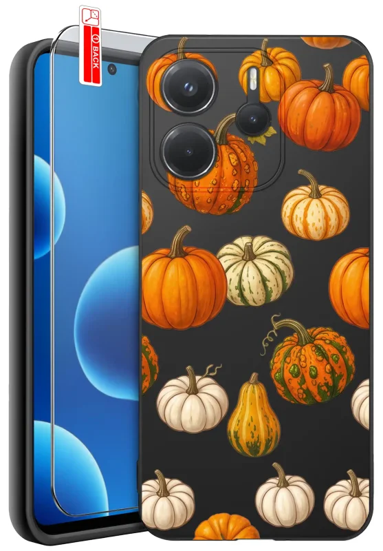Etui jesienne do Xiaomi Redmi Note 14 5G z nadrukiem pomarańczowych, białych i zielono-żółtych dyń na czarnym tle oraz szkłem hartowanym 9H w zestawie