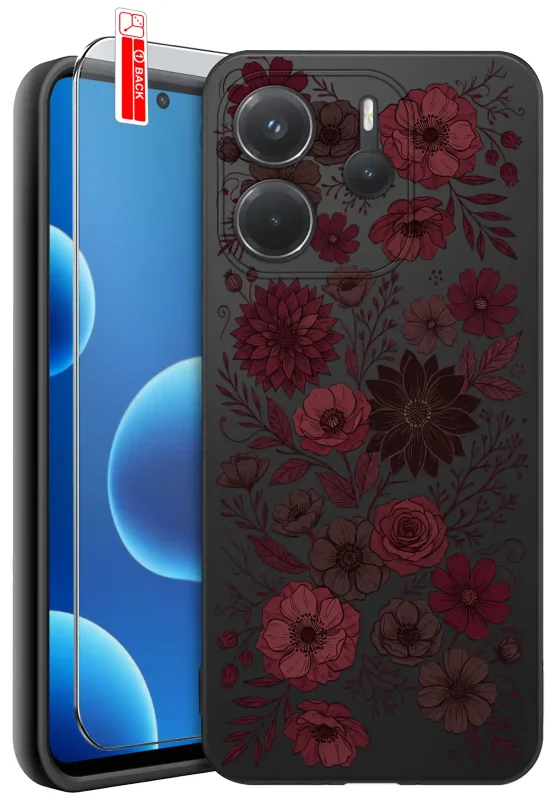 Etui jesienne do Xiaomi Redmi Note 14 4G z nadrukiem bordowych, różowych i brązowych kwiatów oraz liści na czarnym tle, szkło hartowane 9H w zestawie