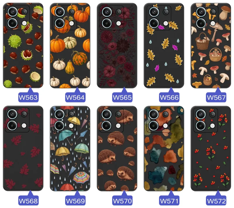 Kolekcja etui jesiennych do Xiaomi Redmi Note 13 Pro 4G z motywami dyni, kasztanów, grzybów, kwiatów i liści