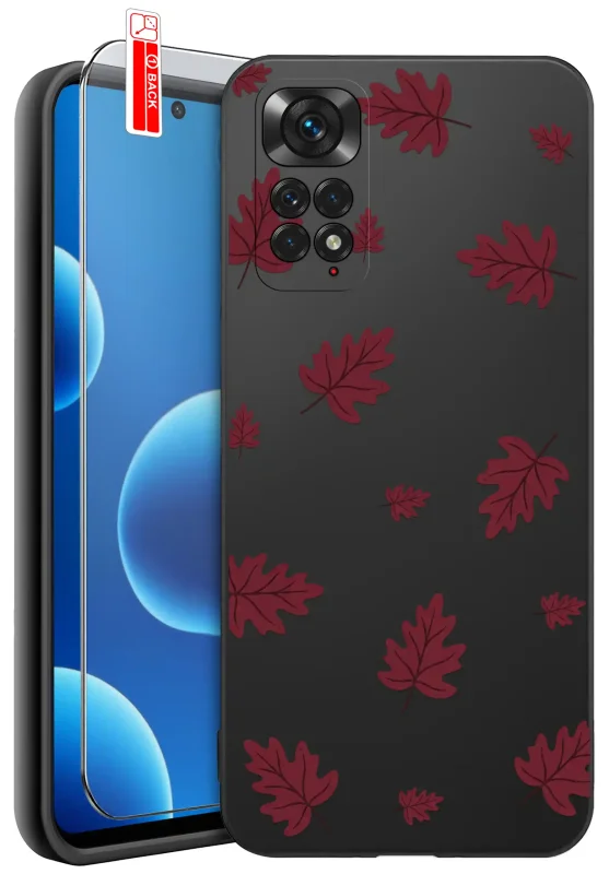 Etui jesienne do Xiaomi Redmi Note 11 | 11S z nadrukiem bordowych liści dębu na czarnym tle oraz szkłem hartowanym 9H w zestawie