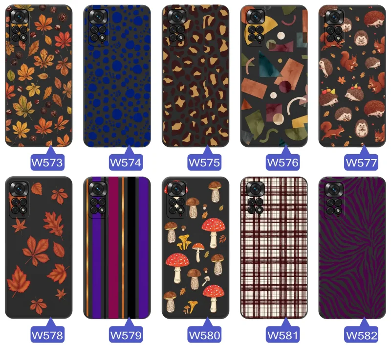 Różne etui jesienne do Xiaomi Redmi Note 11 | 11S z kolorowymi nadrukami liści, grzybów, zwierząt, kraty i panterki