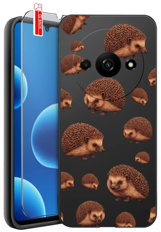 Etui jesienne do Xiaomi Redmi A3 z nadrukiem brązowych jeży w różnych rozmiarach na czarnym tle oraz szkłem hartowanym 9H w zestawie