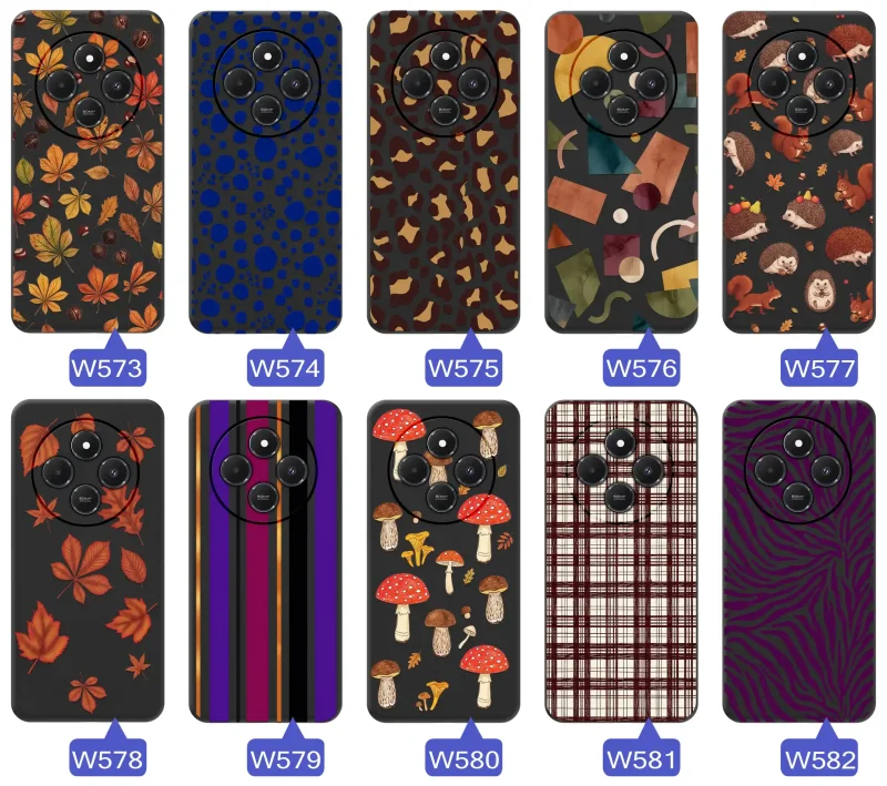 Różne etui jesienne do Xiaomi Redmi 14C z kolorowymi nadrukami liści, grzybów, zwierząt, kraty i panterki