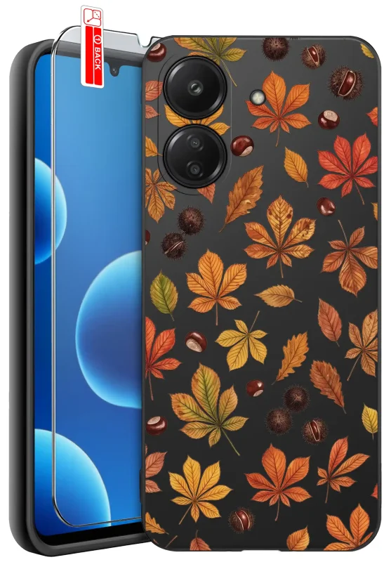 Etui jesienne do Xiaomi Redmi 13C | POCO C65 z nadrukiem kolorowych jesiennych liści i kasztanów na czarnym etui, szkło hartowane 9H w zestawie