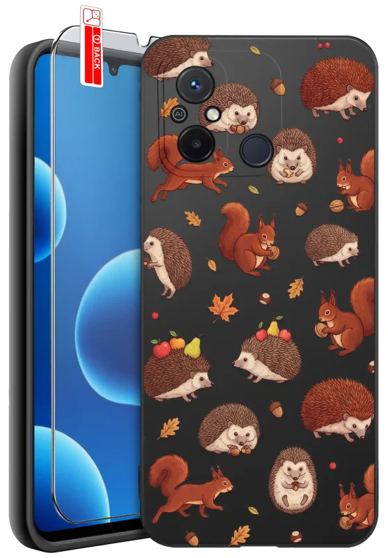 Etui jesienne do Xiaomi Redmi 12C z nadrukiem jeży, wiewiórek, żołędzi i jesiennych liści na czarnym tle oraz szkło hartowane 9H w zestawie
