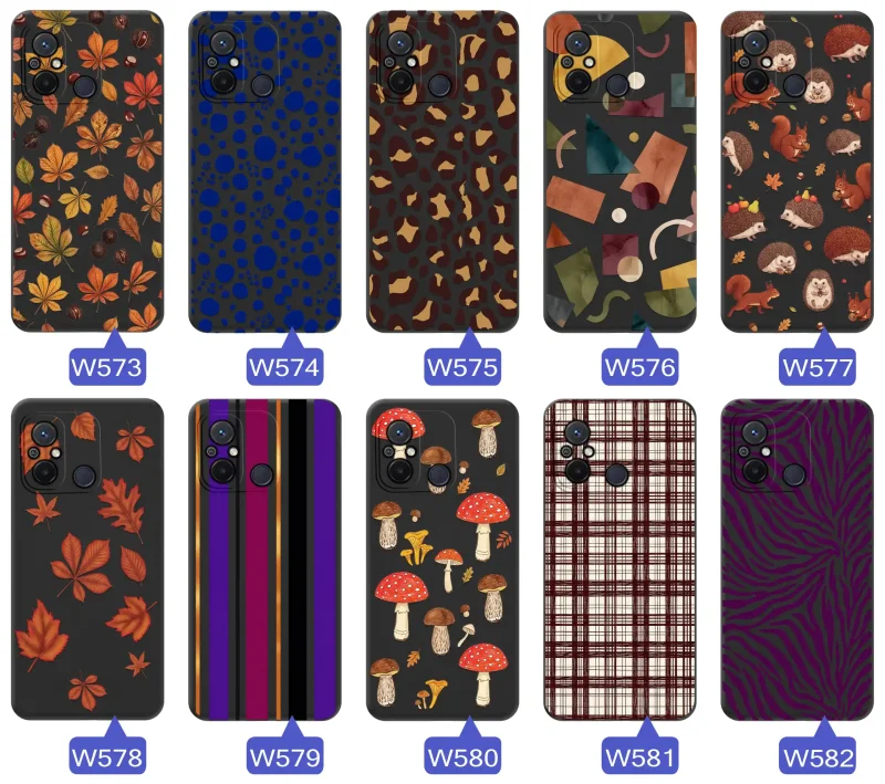 Różne etui jesienne do Xiaomi Redmi 12C z kolorowymi nadrukami liści, grzybów, zwierząt, kraty i panterki