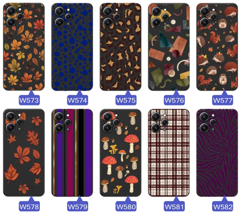 Różne etui jesienne do Xiaomi Redmi 12 4G z kolorowymi nadrukami liści, grzybów, zwierząt, kraty i panterki