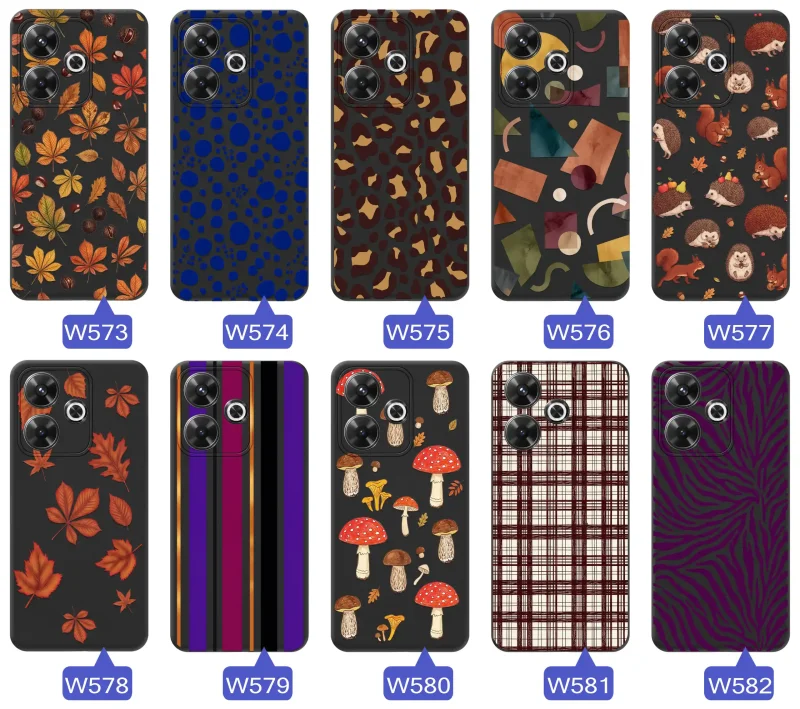 Różne etui jesienne do Xiaomi Redmi 13 4G z kolorowymi nadrukami liści, grzybów, zwierząt, kraty i panterki