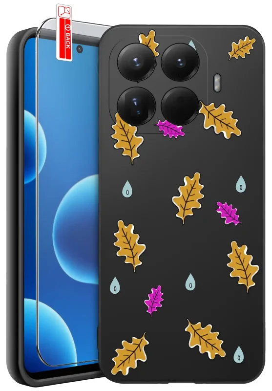 Etui jesienne do Xiaomi 15T Pro 5G z nadrukiem żółtych i różowych liści dębu oraz niebieskich kropli deszczu na czarnym tle, szkło hartowane 9H w zestawie