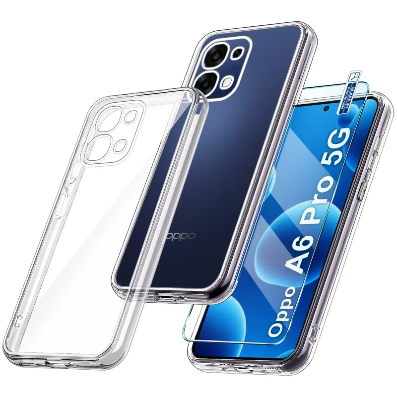 Bezbarwne etui 2 mm do Oppo A6 Pro 5G ze szkłem hartowanym 9H widok zestawu