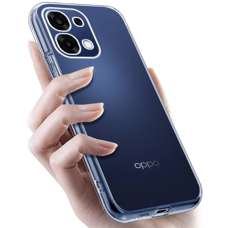 Oppo A6 Pro 5G w bezbarwnym etui 2 mm trzymany w dłoni