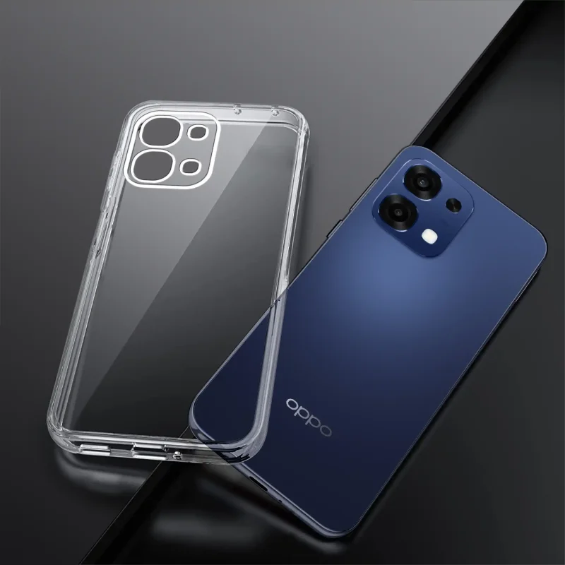 Bezbarwne etui do Oppo A6 Pro 5G pokazane obok telefonu widok tylnej części