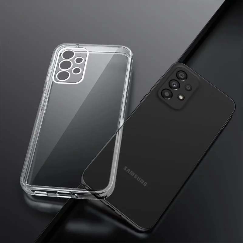 Bezbarwne etui do Samsung Galaxy A33 5G pokazane obok telefonu widok tylnej części