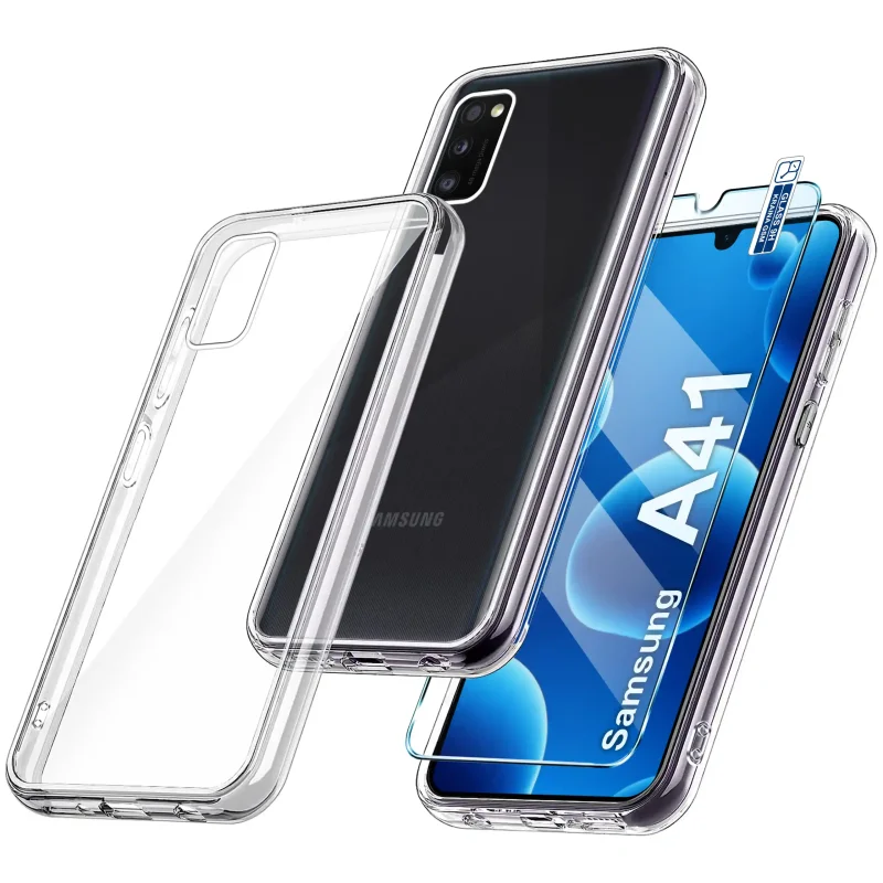 Bezbarwne etui 2 mm do Samsung Galaxy A41 ze szkłem hartowanym 9H widok zestawu