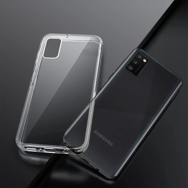 Bezbarwne etui do Samsung Galaxy A41 pokazane obok telefonu widok tylnej części