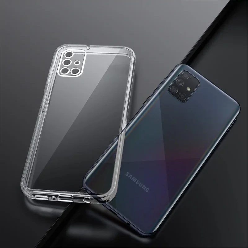 Bezbarwne etui do Samsung Galaxy A51 pokazane obok telefonu widok tylnej części