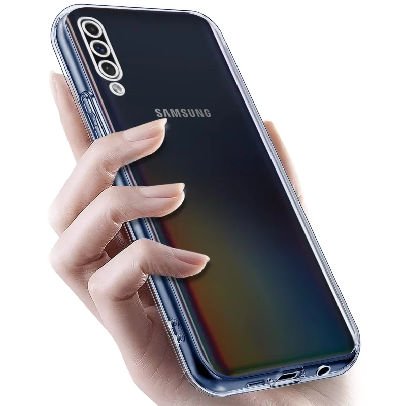 Samsung Galaxy A50 | A30s w bezbarwnym etui 2 mm trzymany w dłoni