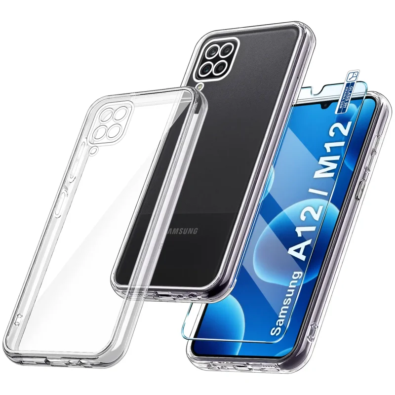 Bezbarwne etui 2 mm do Samsung Galaxy A12 | M12 ze szkłem hartowanym 9H widok zestawu