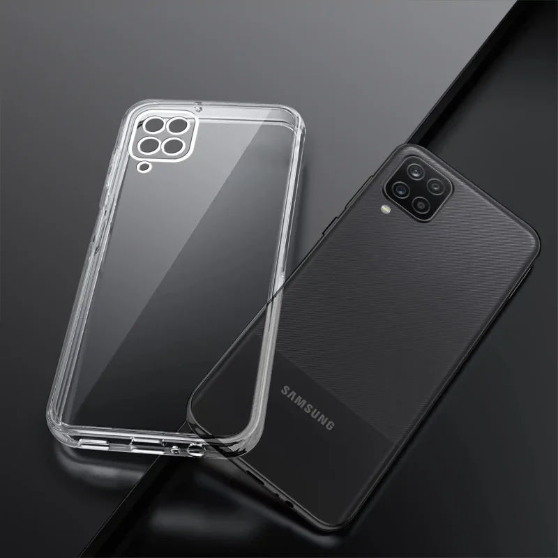 Bezbarwne etui do Samsung Galaxy A12 | M12 pokazane obok telefonu widok tylnej części