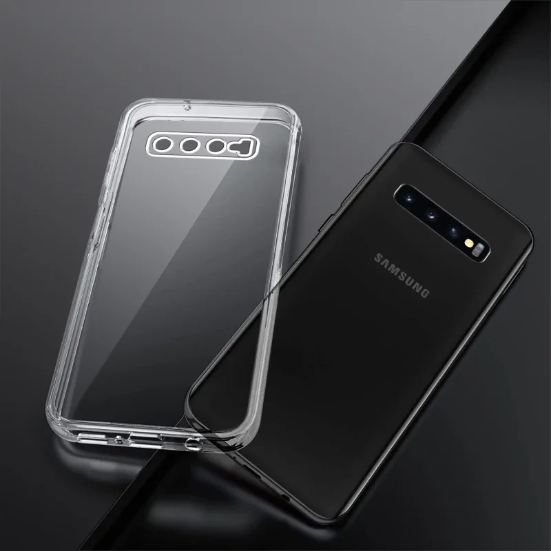 Bezbarwne etui do Samsung Galaxy S10 pokazane obok telefonu widok tylnej części