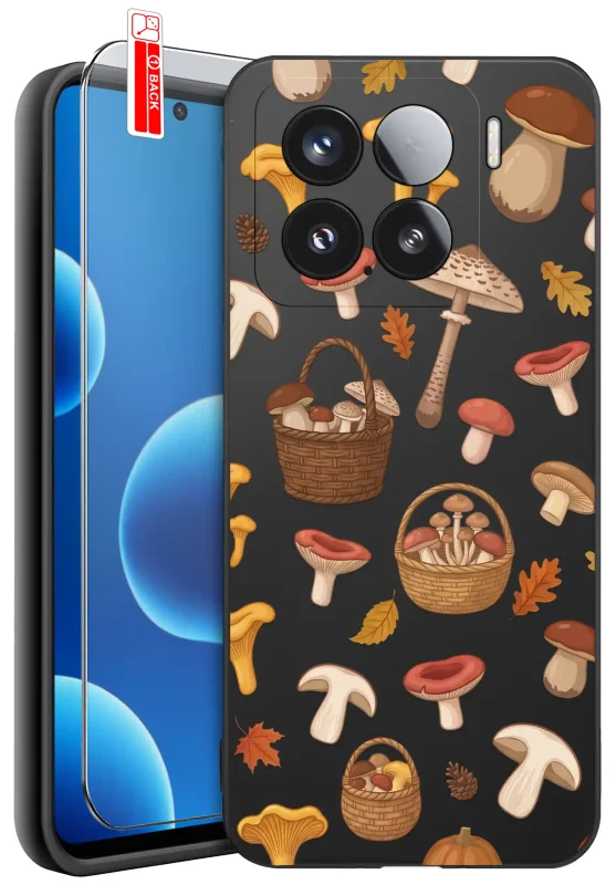 Etui jesienne do Xiaomi 15 z nadrukiem kolorowych grzybów, borowików, kurek, wiklinowych koszyków z grzybami, jesiennych liści i szyszek na czarnym tle oraz szkłem hartowanym 9H w zestawie