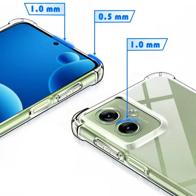 Zbliżenie na podwyższone ranty etui Anti-Shock do Motorola Moto G54 i G54 Power z oznaczeniami wysokości ochrony ekranu i aparatów