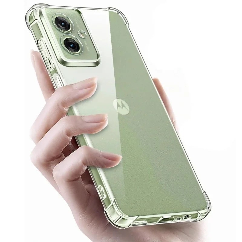 Motorola Moto G54 w przezroczystym etui Anti-Shock trzymana w dłoni z widocznym kolorem obudowy i osłoną wyspy aparatów