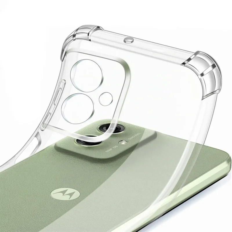 Zbliżenie na przezroczyste etui Anti-Shock do Motorola Moto G54 i G54 Power z wycięciami na obiektywy i wzmocnionymi narożnikami