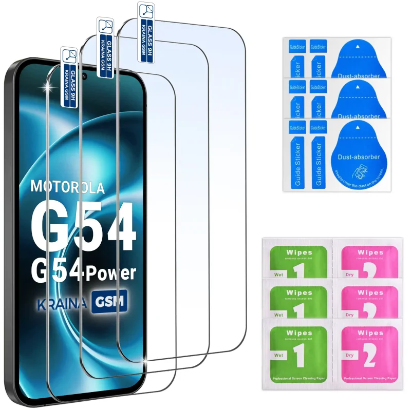 Zestaw 3 szkieł hartowanych 9H do Motorola Moto G54 i G54 Power ze ściereczkami Wet i Dry oraz naklejkami montażowymi