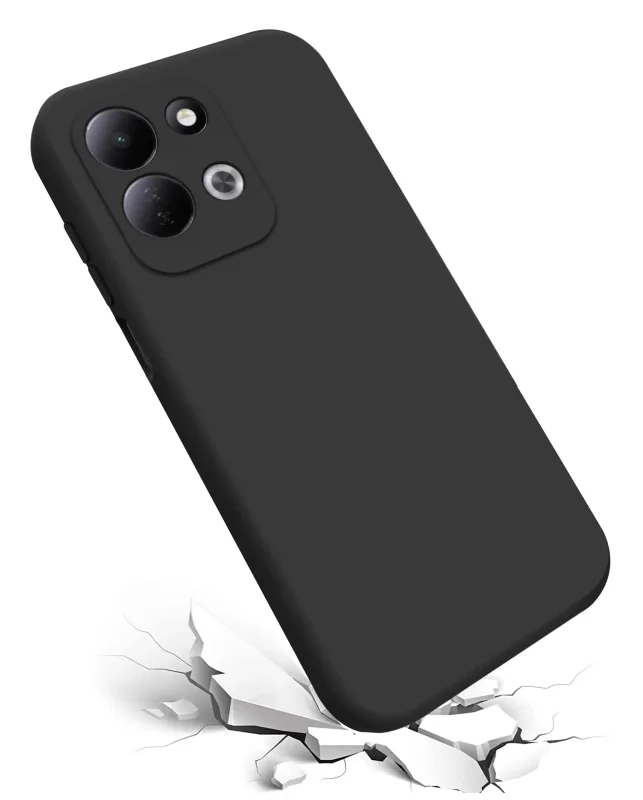 Czarne etui silikonowe do Xiaomi Redmi 17 4G i 5G z osłoną aparatu na grafice przedstawiającej ochronę podczas uderzenia