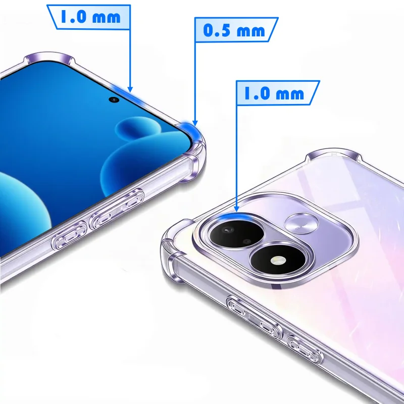 Zbliżenie na podwyższone ranty etui Anti-Shock do Xiaomi Redmi Note 17 4G | 5G z oznaczeniami wysokości ochrony ekranu i aparatów