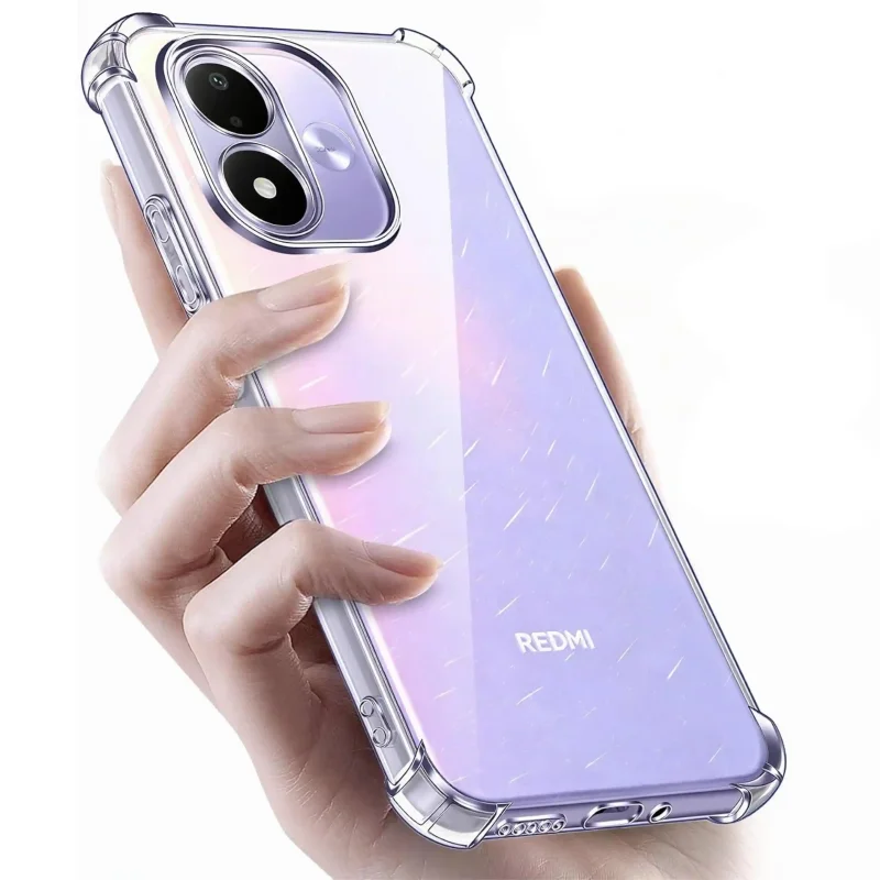 Xiaomi Redmi Note 17 4G | 5G w przezroczystym etui Anti-Shock trzymana w dłoni z widocznym kolorem obudowy i osłoną wyspy aparatów