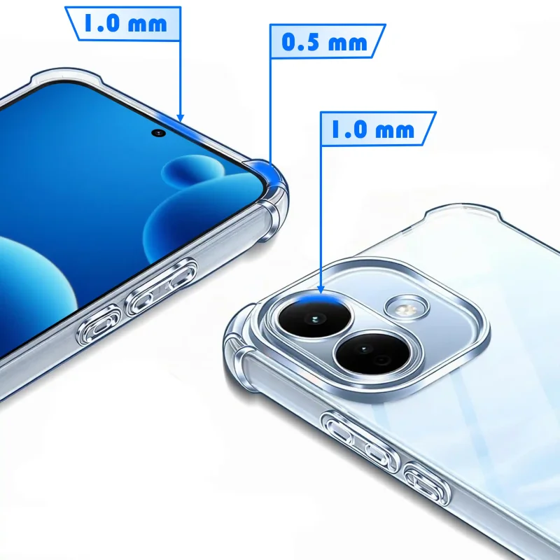Zbliżenie na podwyższone ranty etui Anti-Shock do Xiaomi Redmi Note 17 Pro 5G z oznaczeniami wysokości ochrony ekranu i aparatów