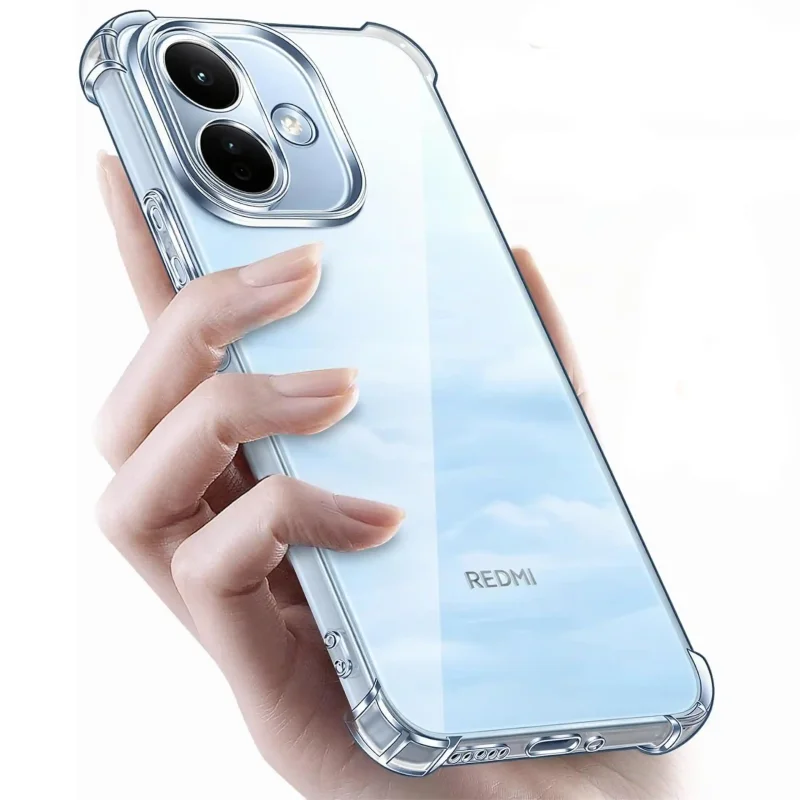 Xiaomi Redmi Note 17 Pro 5G w przezroczystym etui Anti-Shock trzymana w dłoni z widocznym kolorem obudowy i osłoną wyspy aparatów